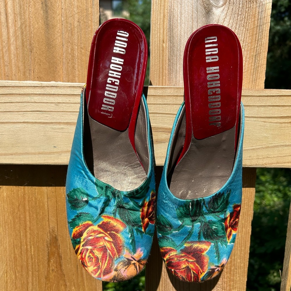 Blue and Red Floral Mules with Pointed Toe